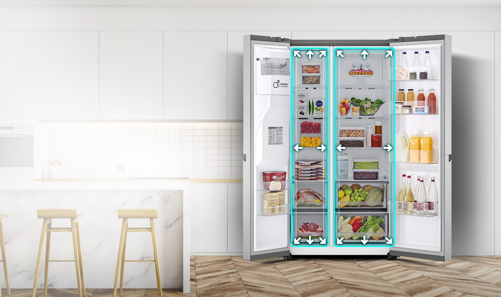 A video begins with the front view of the refrigerator with both doors wide open.  