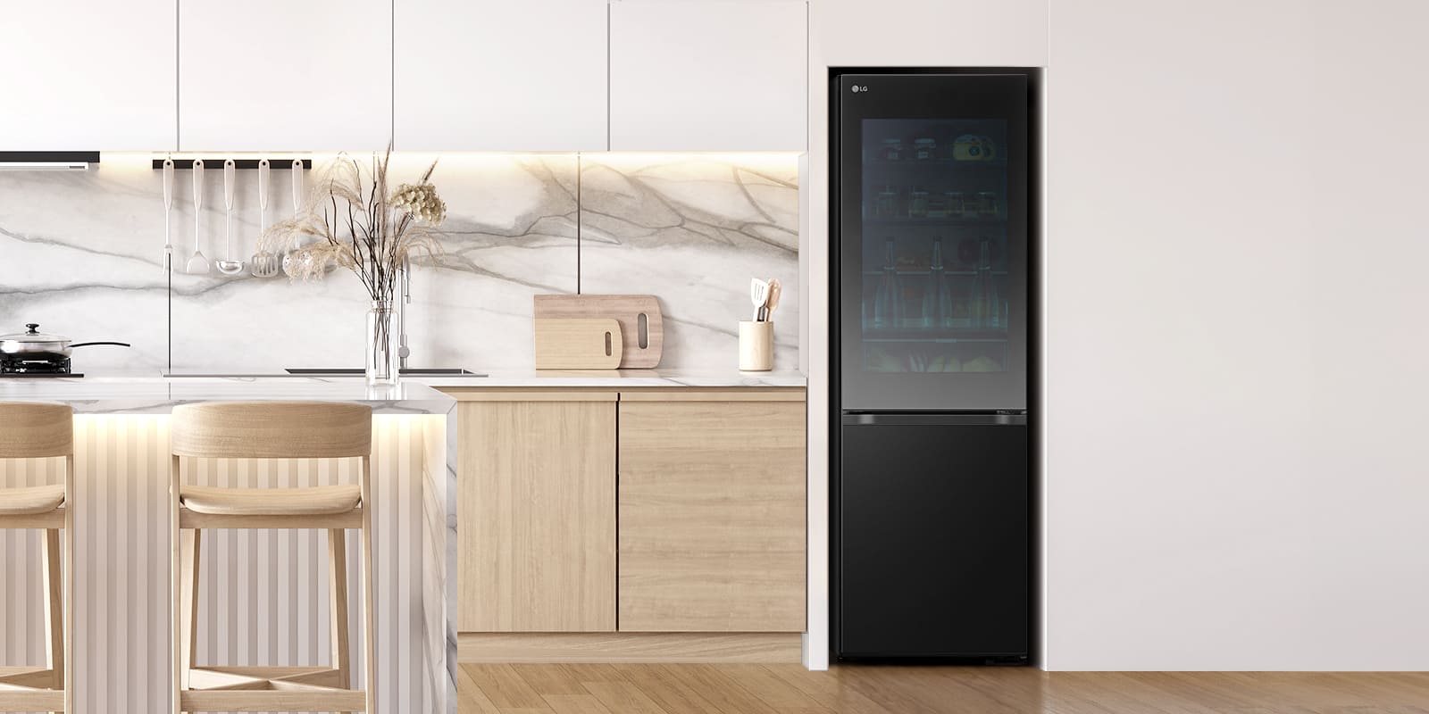 Kitchen with LG bottom freezer with InstaView installed
