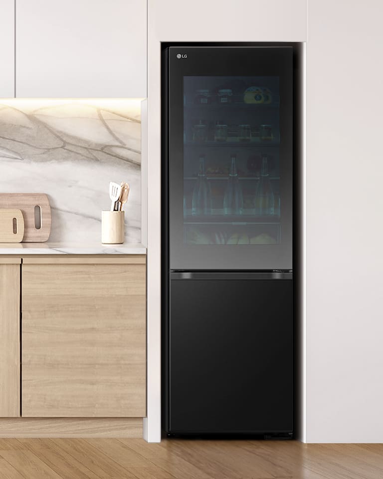 Kitchen with LG bottom freezer with InstaView installed