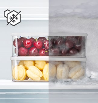 Comparison of frozen fruit containers without and with frost.