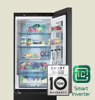 Fresh food-filled refrigerator with open door and logo images for warranty and smart inverter.