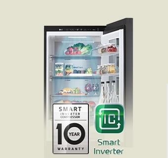 Fresh food-filled refrigerator with open door and logo images for warranty and smart inverter.