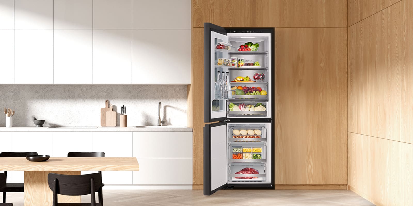 The refrigerator is shown with the door opening to the left instead of the more common right to show it is customizable