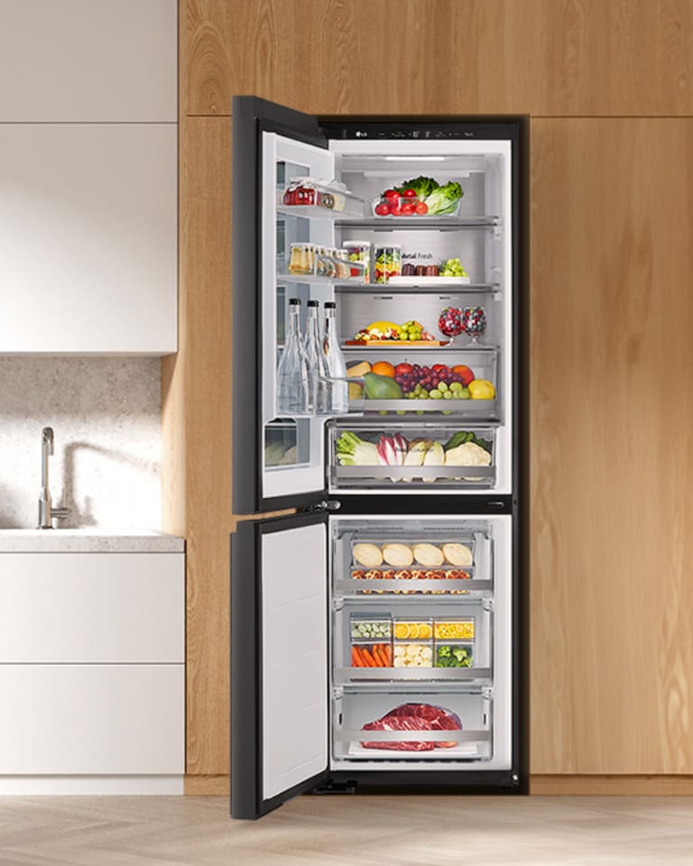 The refrigerator is shown with the door opening to the left instead of the more common right to show it is customizable