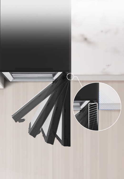 Aerial view of refrigerator installed next to wall with zero clearance of door hinge.