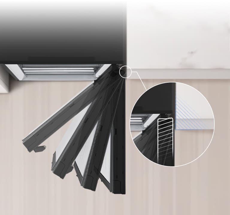 Aerial view of refrigerator installed next to wall with zero clearance of door hinge.