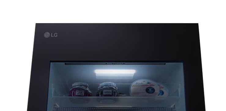Close-up of soft LED lighting, effectively distributing light throughout the refrigerator and making it easy on the eyes.
