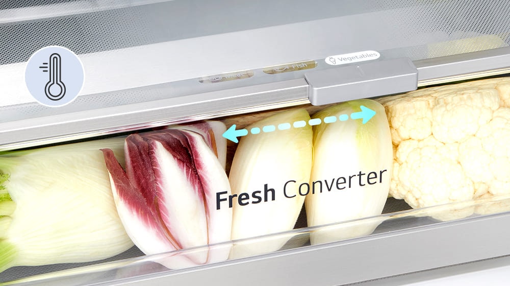 Close-up of vegetable-filled fresh converter, set at proper temperature for fruit and vegetables options.