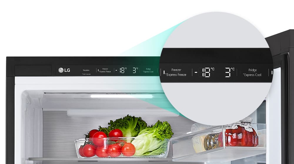 Close-up of the express cool button located at the top of the refrigerator.