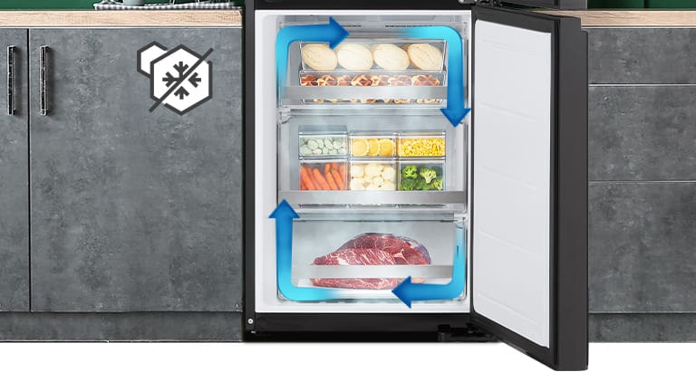 No-frost freezer with even cooling and circulated cold air to keep food fresh in all corners.