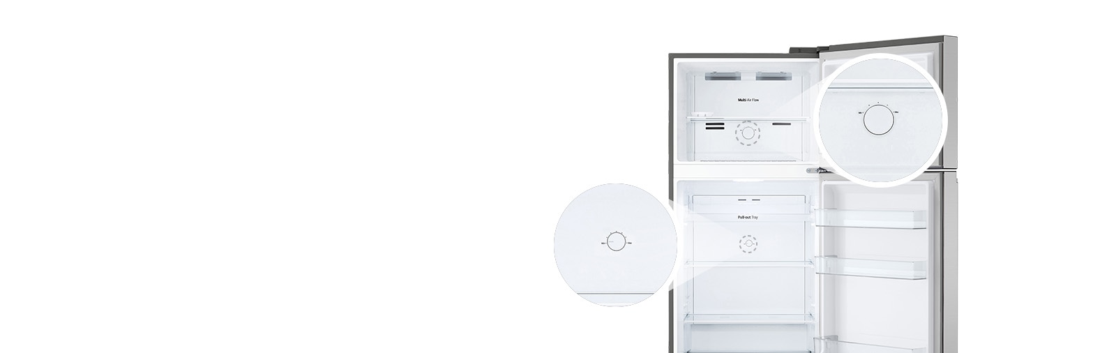 the refrigerator door is open and the pull out tray is filled with food