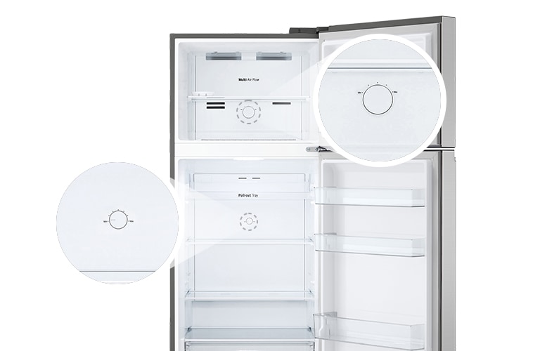 the refrigerator door is open and the pull out tray is filled with food