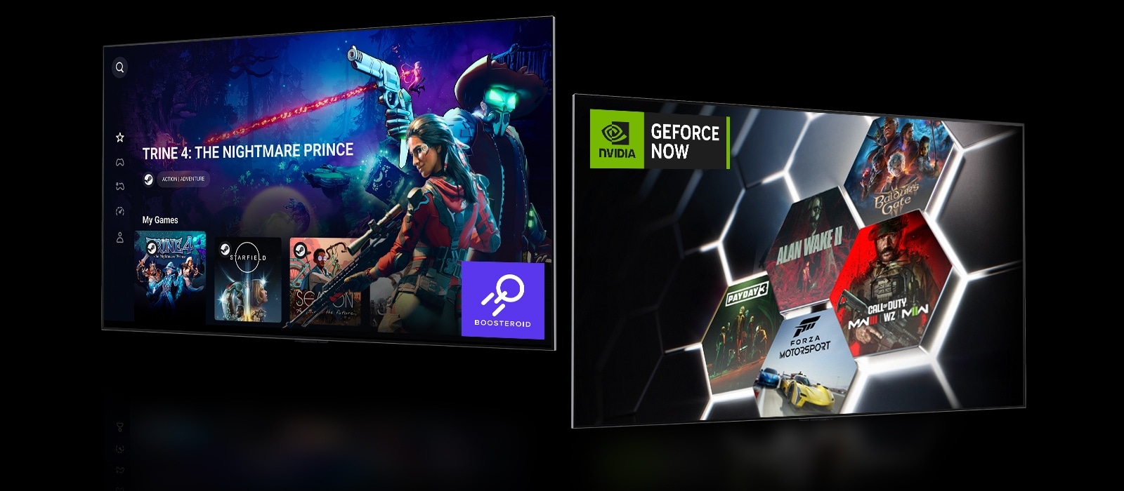 &Quot;A Boosteroid Home Screen Image Showing &Quot;&Quot;Trine 4: The Nightmare Price&Quot;&Quot;.  A Geforce Now Home Screen Showing Five Different Game Thumbnails In Right. &Quot;