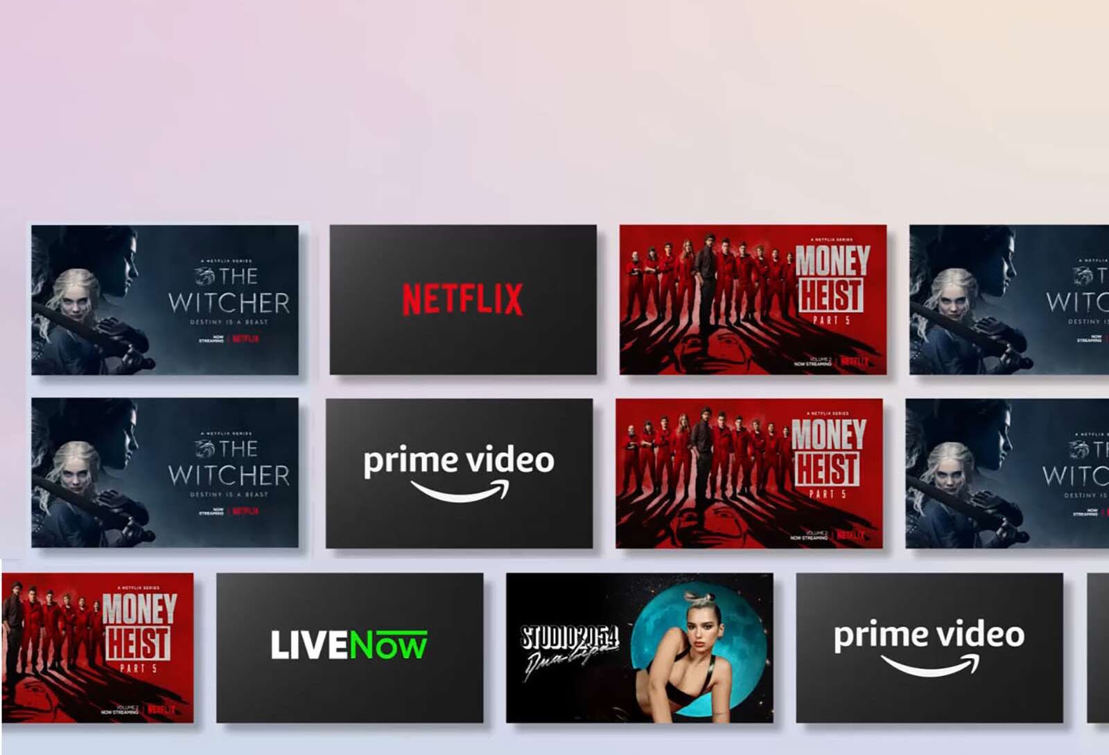 Rows of OTT content side-scrolls while displaying the OTT provider logo and the thumbnails of content offered.