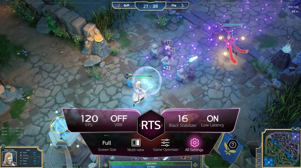 Dashboard image displayed on the game screen - its palette shows icons of game status, dark mode, App on App, Game optimizer, all settings, and user guide. 