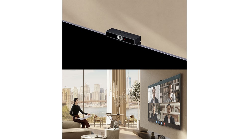 A woman is sitting on an armrest of a sofa, holding a laptop and watching TV. Inside the TV on the big screen, you can see four characters and a video conference.