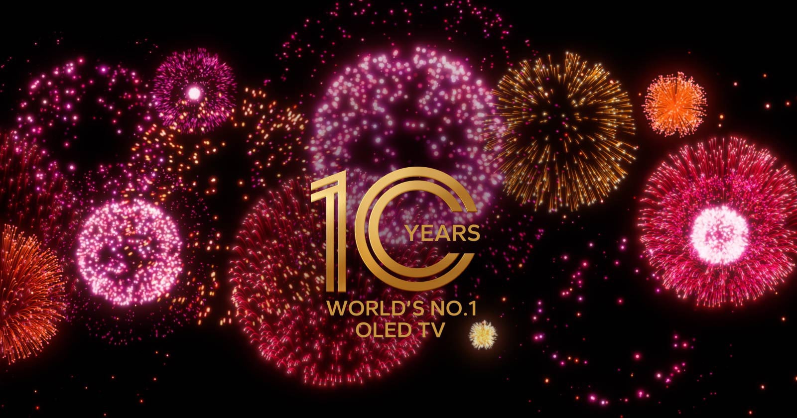 A video shows the 10 Years World's No.1 OLED TV emblem appear gradually against a black backdrop with purple, pink, and orange fireworks. 