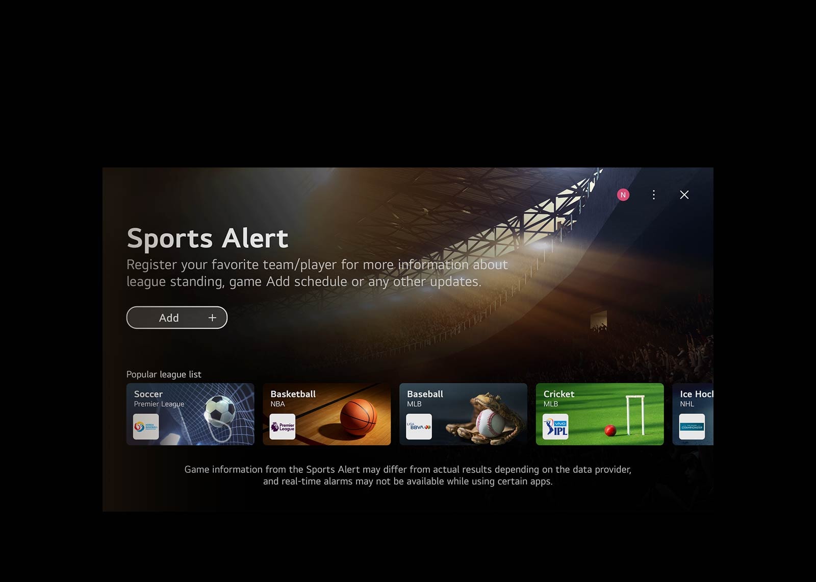 Une vidéo montrant l'écran d'accueil de WebOS.  Le curseur clique sur la carte rapide du jeu, puis sur la carte rapide des sports, qui mènent toutes deux à des écrans avec un contenu connexe.