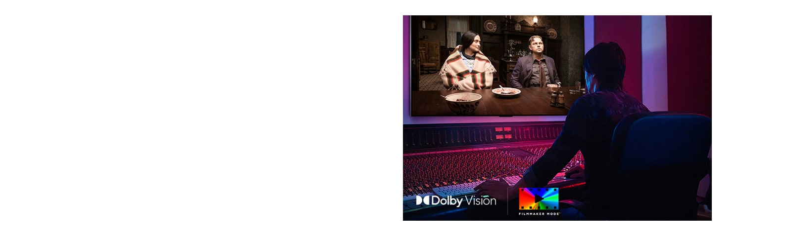 A director in front of a control panel editing the movie "Killers of the Flower Moon" on an LG OLED TV. In the bottom left, the Dolby Vision logo and FILMMAKER MODE logo.