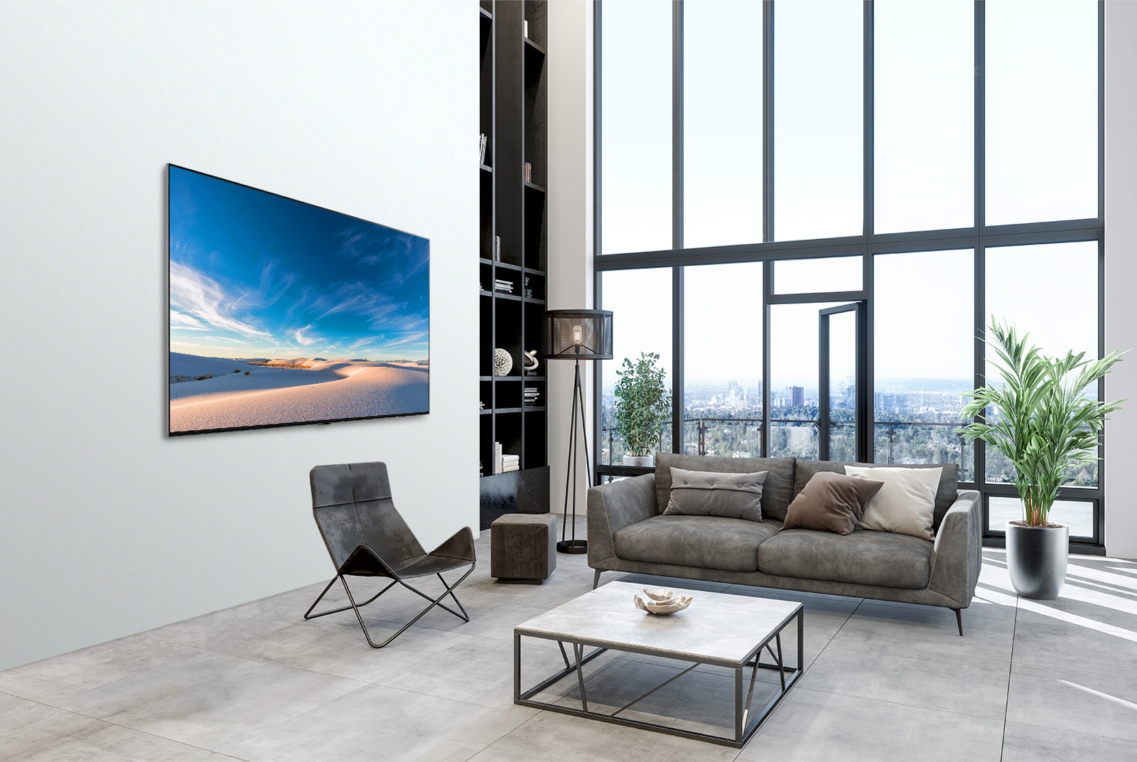 LG QNED TV mounted flat against the wall in a modern interior space.