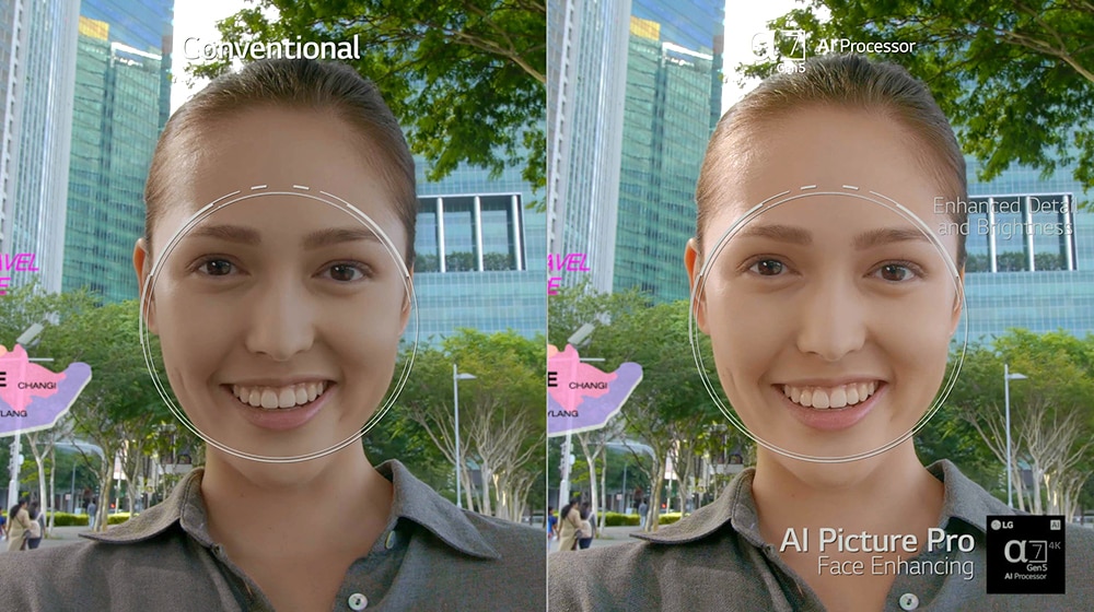 There is a close-up of a woman’s face on left and on right. On left seems darker and less clearer image and on right seems a brighter and clearer image of a woman’s face. 