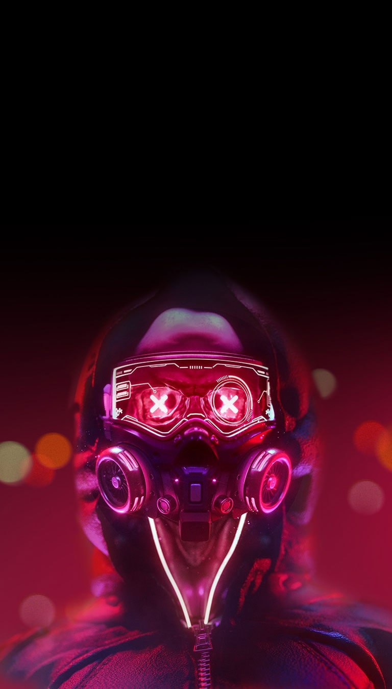 An image of a robot in red lighting. It blinks eyes slowly. 