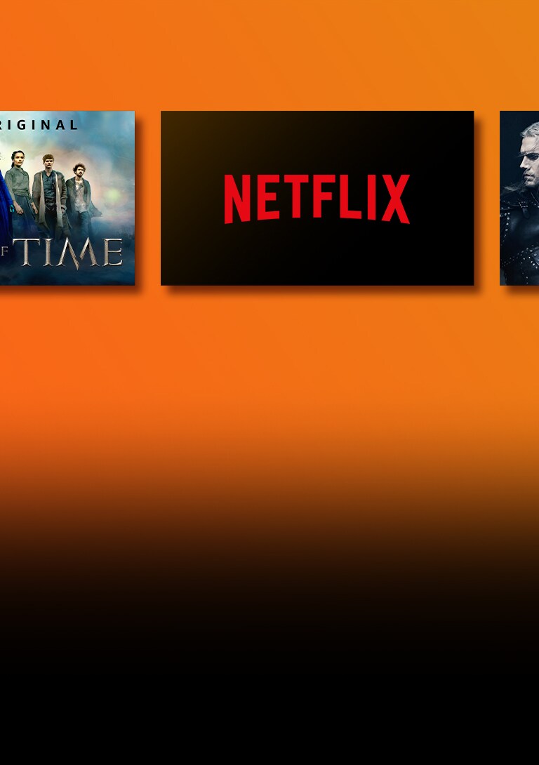 There are logos of streaming service platforms and matching footages right next to each logo. Netflix logo and money heist and the Witcher. Prime Video logo and Without Remorse and The Wheel of Time. Livenow logo and mamamoo teaser image and OneUs teaser image. 