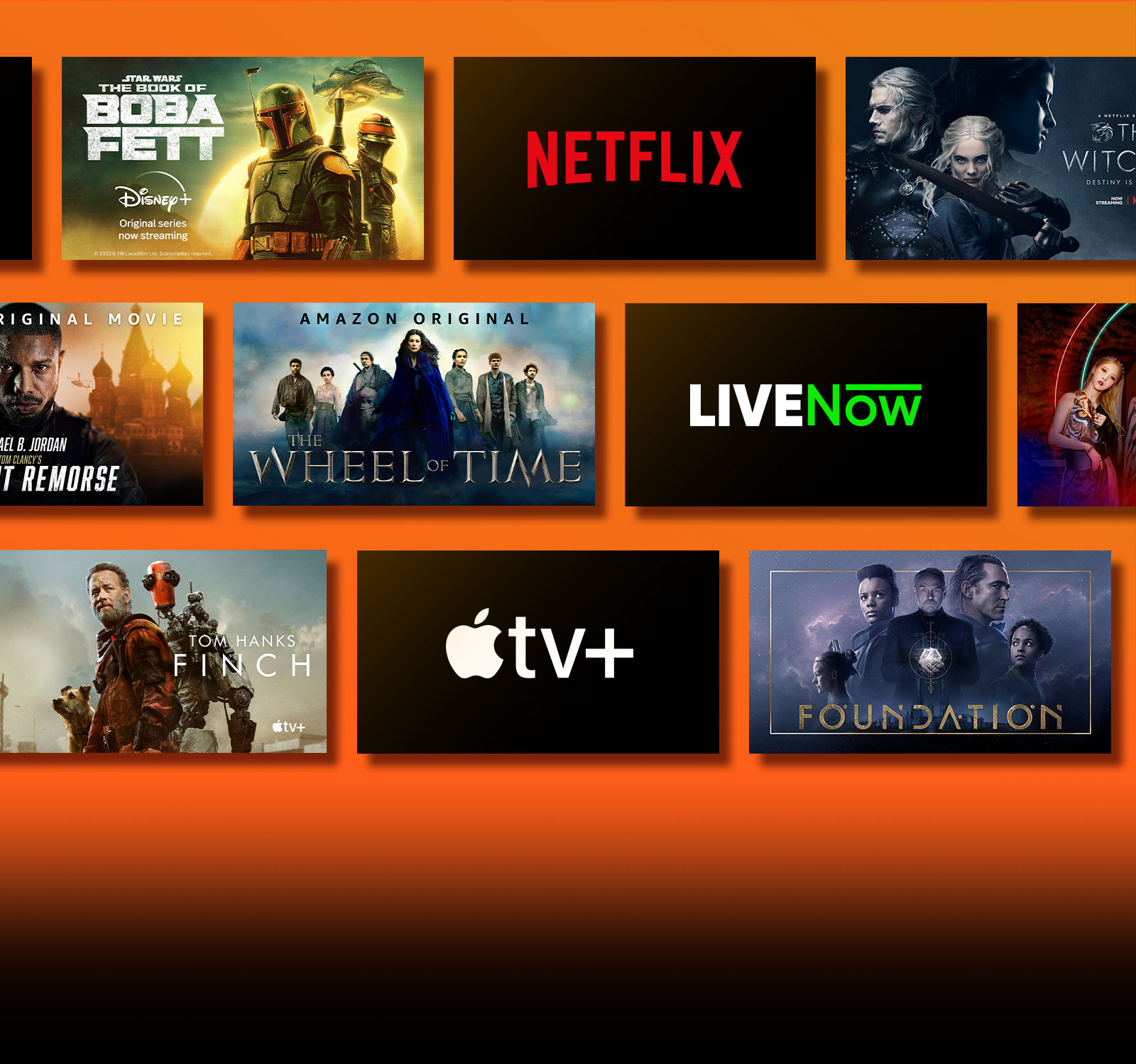 There are logos of streaming service platforms and matching footages right next to each logo. Netflix logo and money heist and the Witcher. Prime Video logo and Without Remorse and The Wheel of Time. Livenow logo and mamamoo teaser image and OneUs teaser image. Apple TV plus logo and Foundation and Finch. 