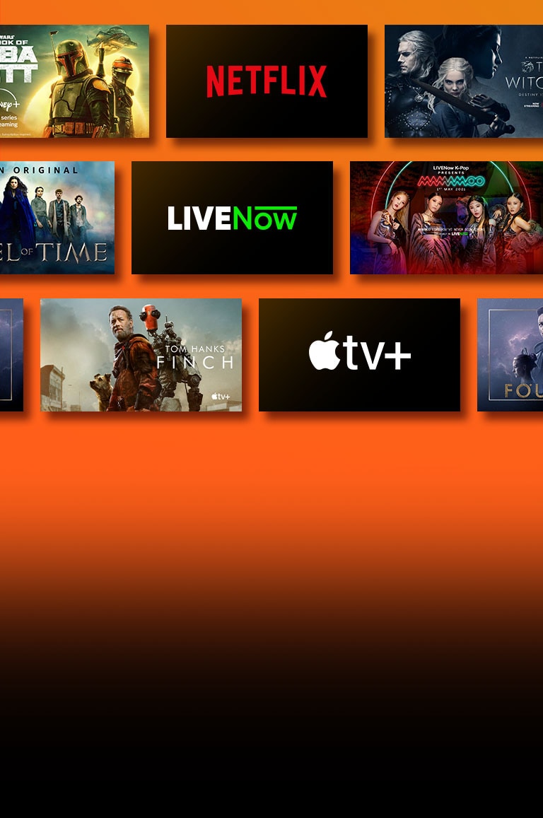 There are logos of streaming service platforms and matching footages right next to each logo. Netflix logo and money heist and the Witcher. Prime Video logo and Without Remorse and The Wheel of Time. Livenow logo and mamamoo teaser image and OneUs teaser image. Apple TV plus logo and Foundation and Finch. 