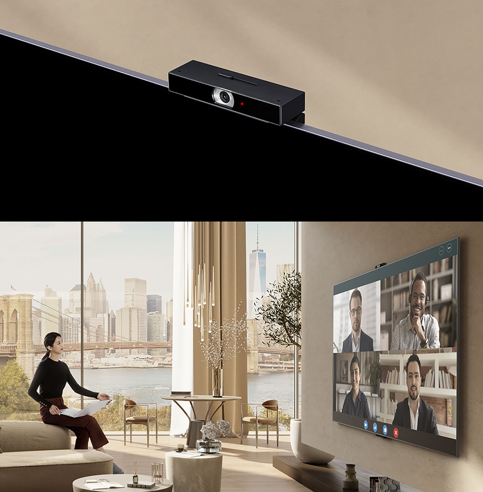 The First Image Depicts A Close-Up View Of An Lg Smart Cam Installed On A Tv In A Beige-Colored Space. In The Second Image, A Woman Is Seen Sitting On The Armrest Of A Sofa While Holding A Laptop And Watching Tv. On The Large Screen Of The Tv, There Are Four Characters And A Video Conference Visible.