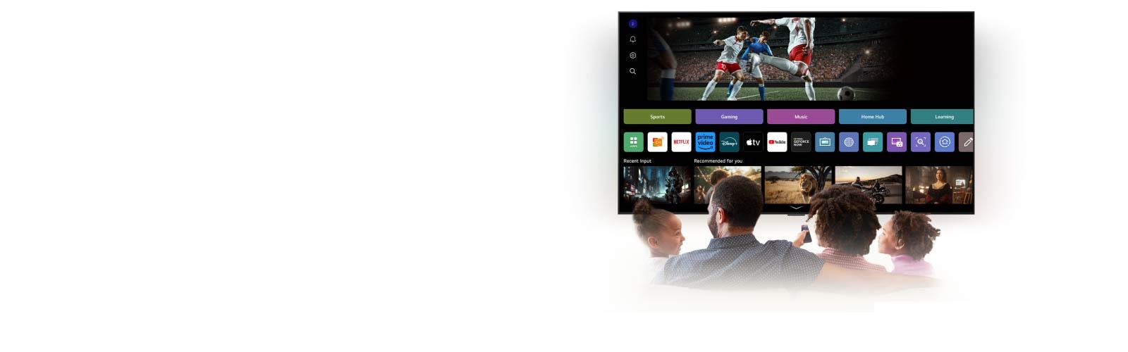 Family of four is gathered around an LG AI TV. A circle appears around the person holding the remote showing their name. This showcases how AI Voice ID recognizes each user's voice signature. The webOS interface then shows how the AI automatically switches the account and recommends personalized content. 