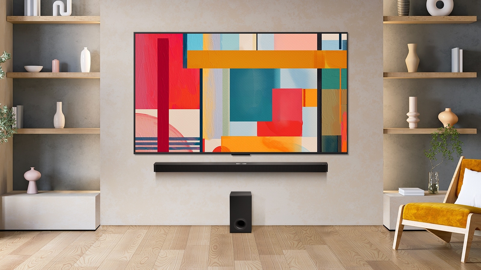 LG QNED TV mounted on a wall above a LG Soundbar in a modern living room space. LG QNED TV depicts an abstract background in green, red and orange.