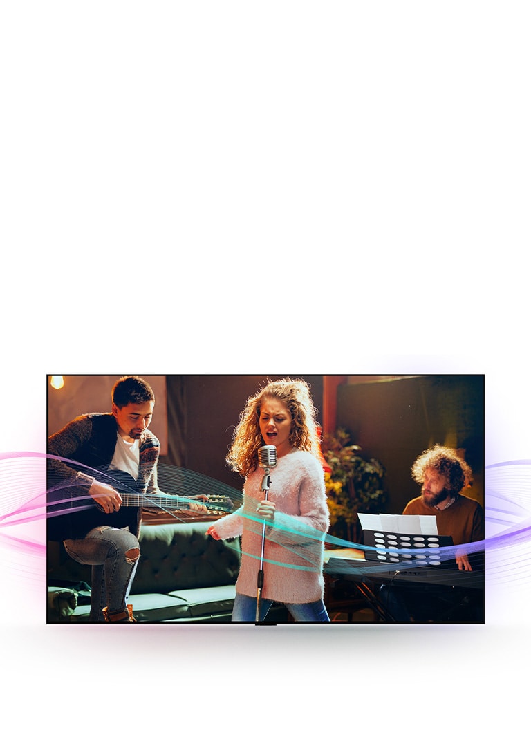 A man playing guitar, a woman singing into a mic, and a man playing the piano are pictured. Soundwaves which are coming from them are seen to show sound emission and how sound quality is enhanced with Al Clear Sound.