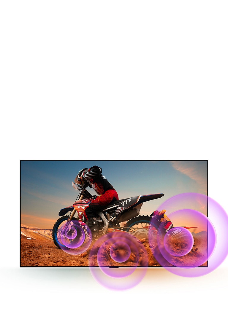 LG QNED TV depicts a man on a motorcycle with purple abstract circles coming out of the wheel to visualize sound emission.