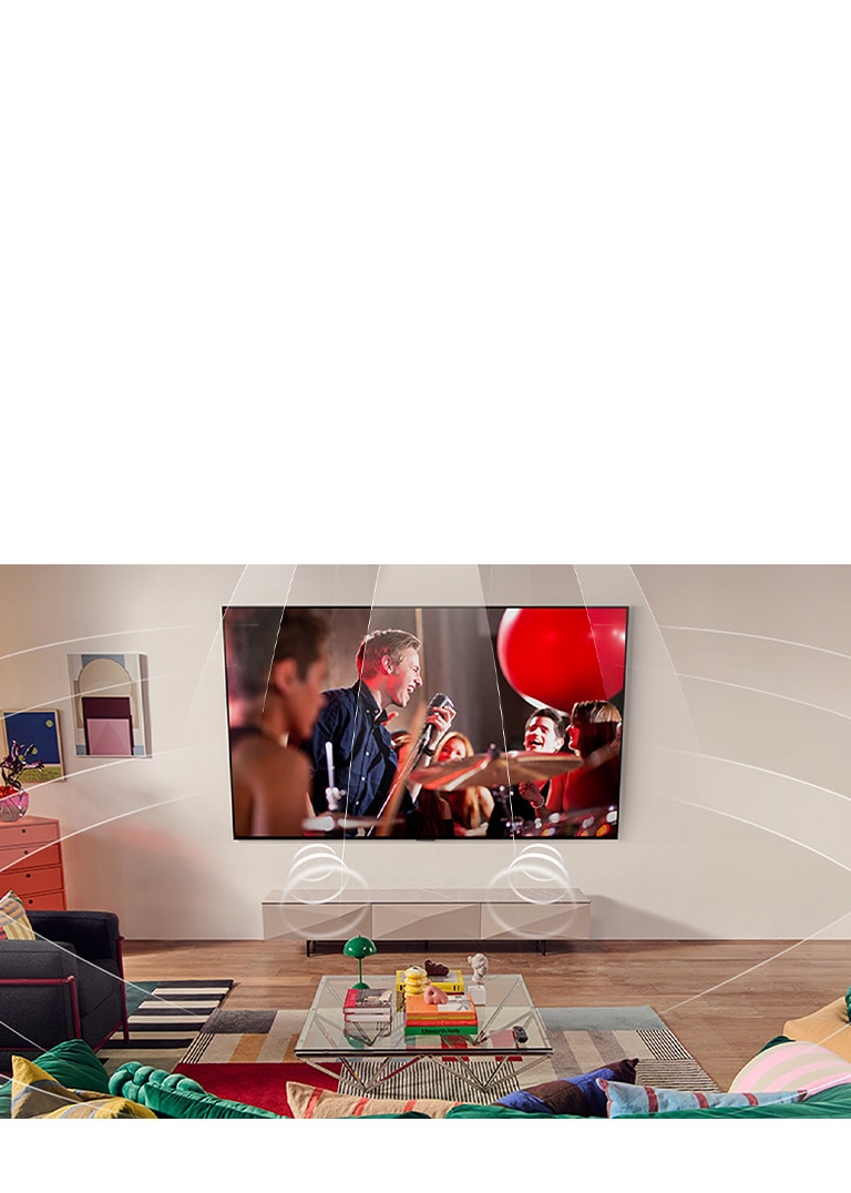 Living room with a wall-mounted LG TV. Sound waves are graphically represented to fill the space showing how virtual 9.1.2 channels create a surround sound experience for the user. 