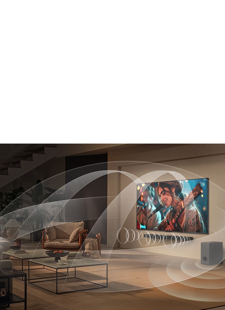 Living room with an LG QNED TV and LG Soundbar with graphics representing how both devices fill the space with multi-surround sound.