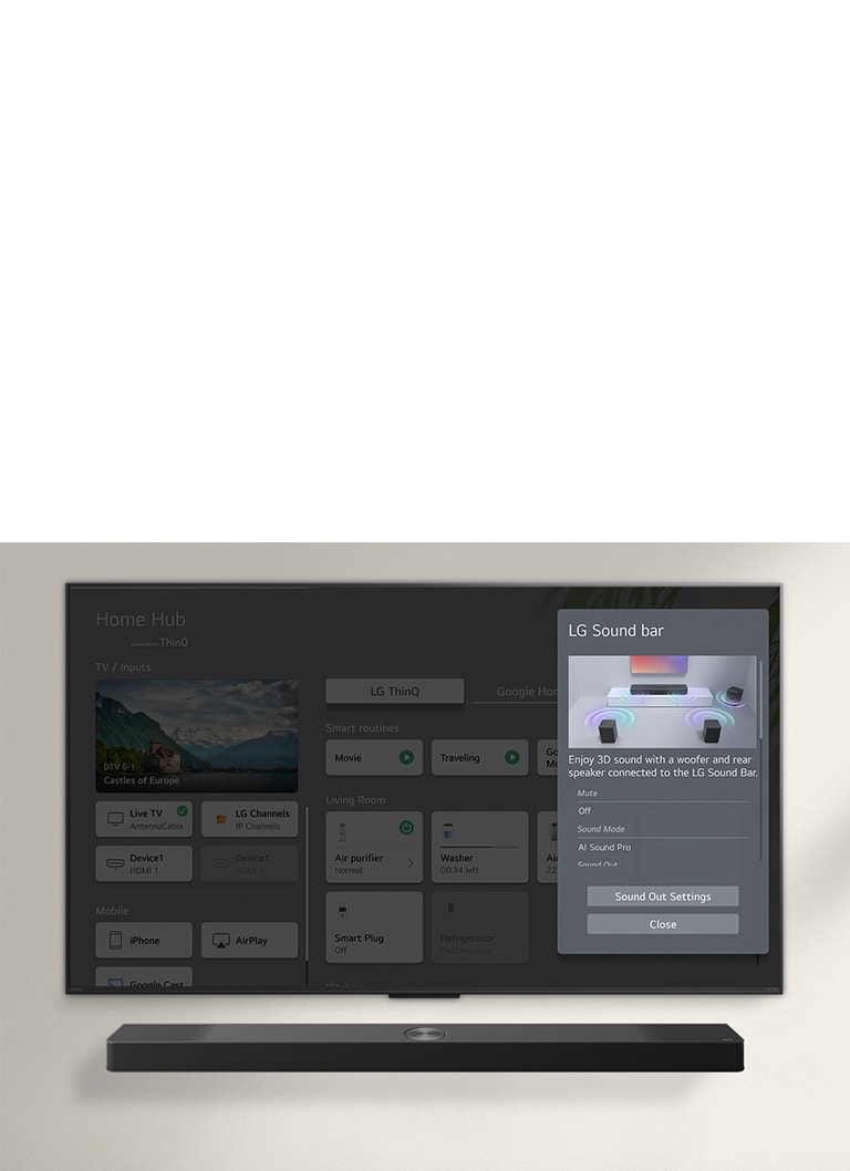 LG Soundbar is below an LG QNED TV. On the TV screen is the UI for the soundbar and TV volume controls.