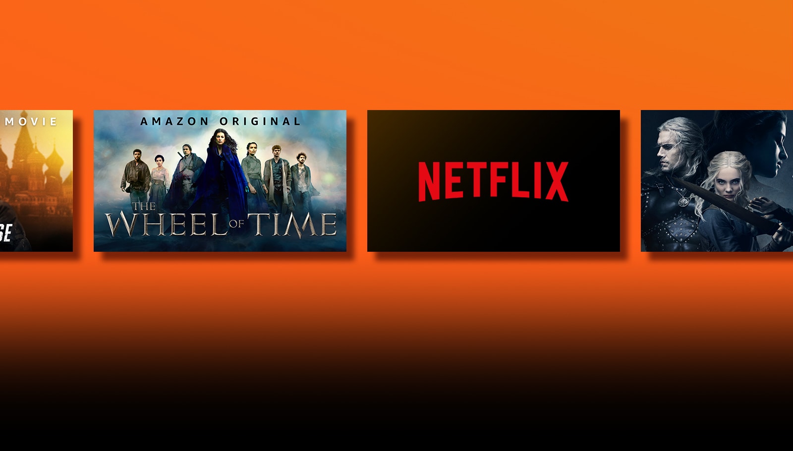 There are logos of streaming service platforms and matching footages right next to each logo. Netflix logo and money heist and the Witcher. Prime Video logo and Without Remorse and The Wheel of Time. Livenow logo and mamamoo teaser image and OneUs teaser image. 