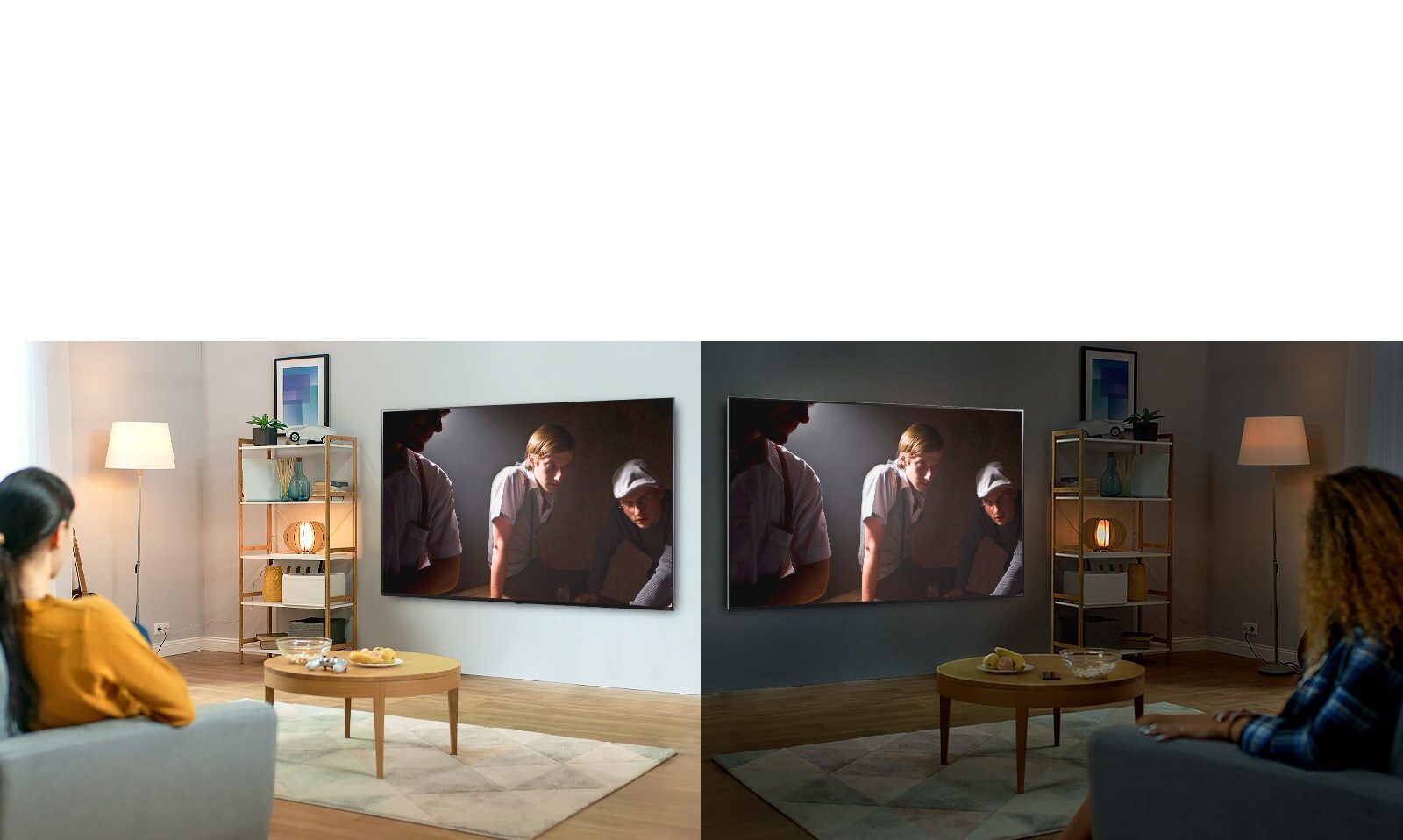 Two women watching the same scene on TV in mirrored living rooms and different brightness conditions