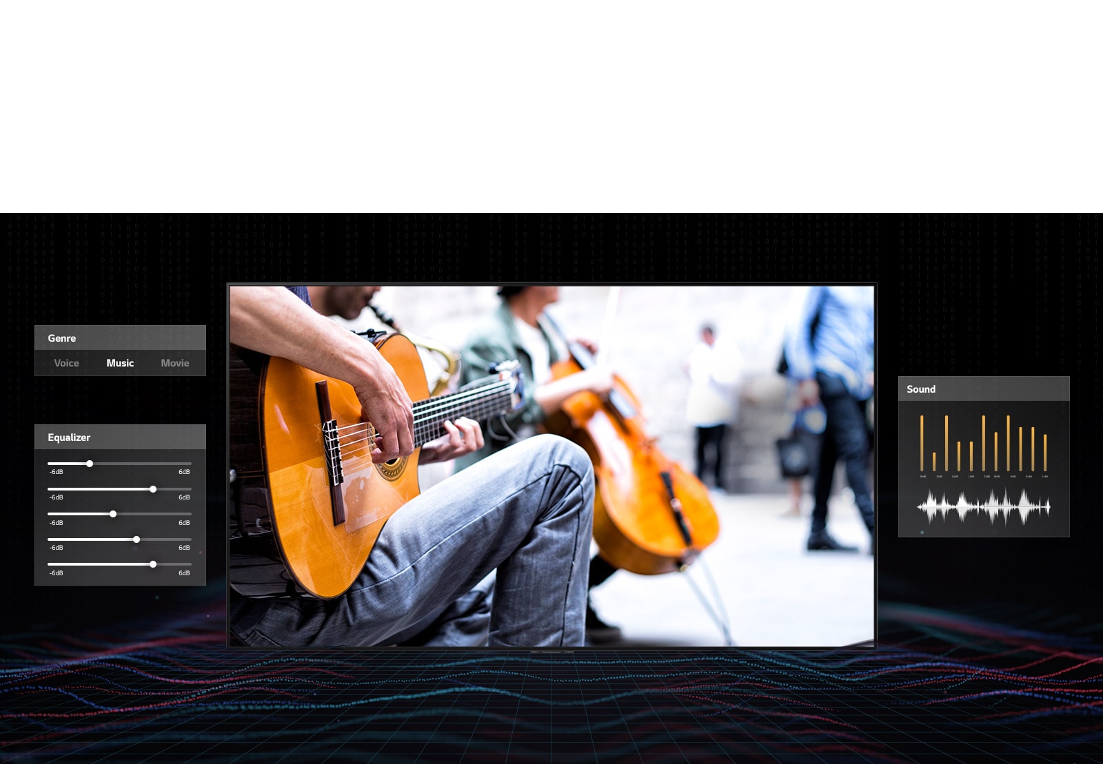 A man playing guitar with music dashboard graphics on both sides