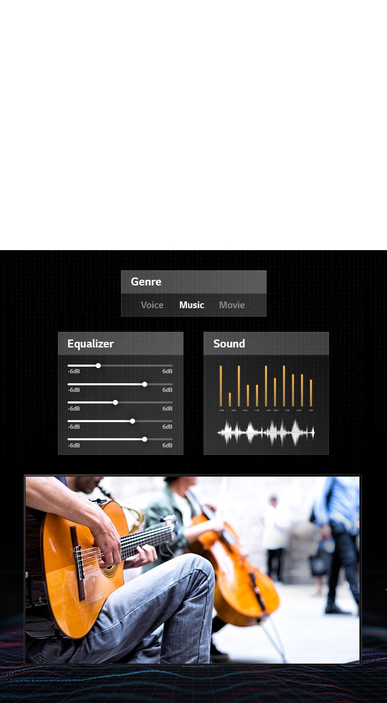 A man playing guitar with music dashboard graphics on both sides