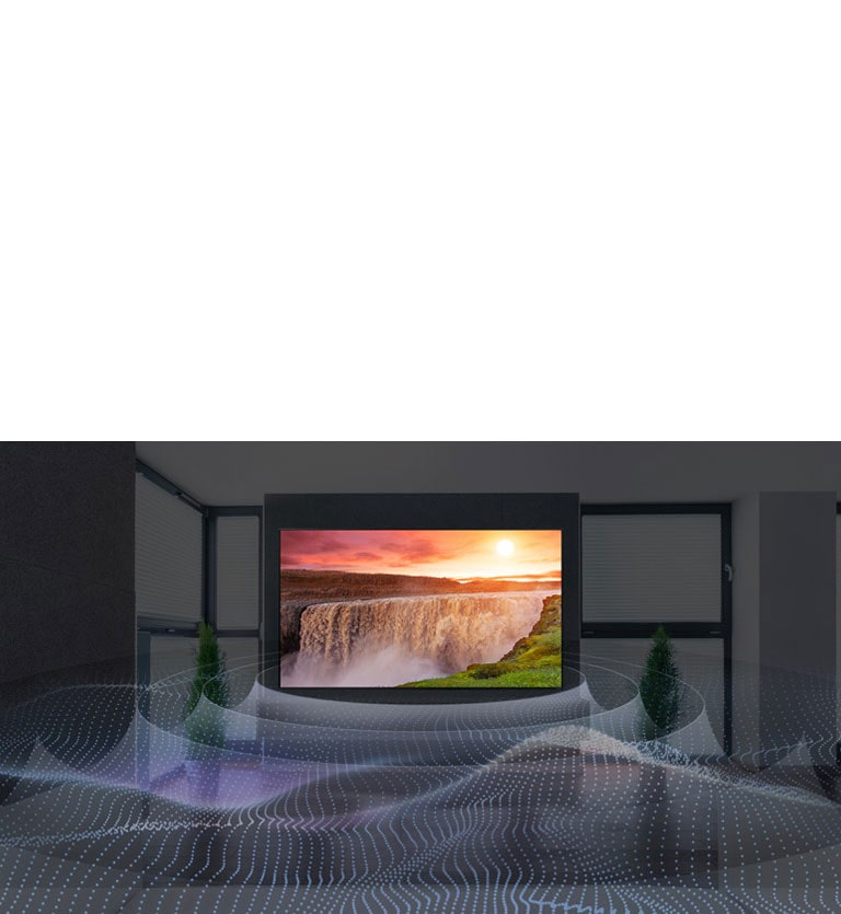 Giant waterfall on TV with surround sound graphic