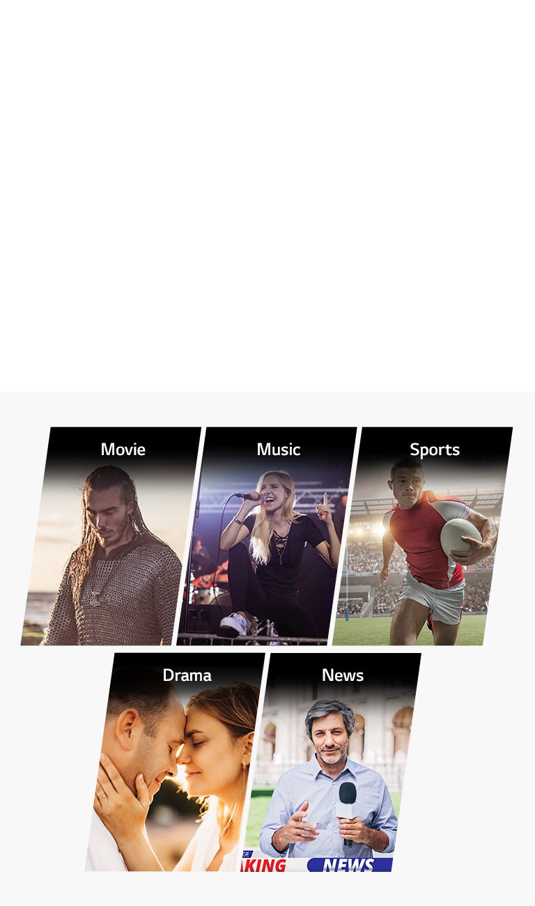 Five vertical title cards for Movie, Music, Sports, Drama and News