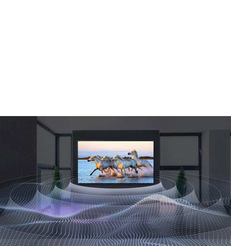 Four white horses running in the water on TV with surround sound graphic