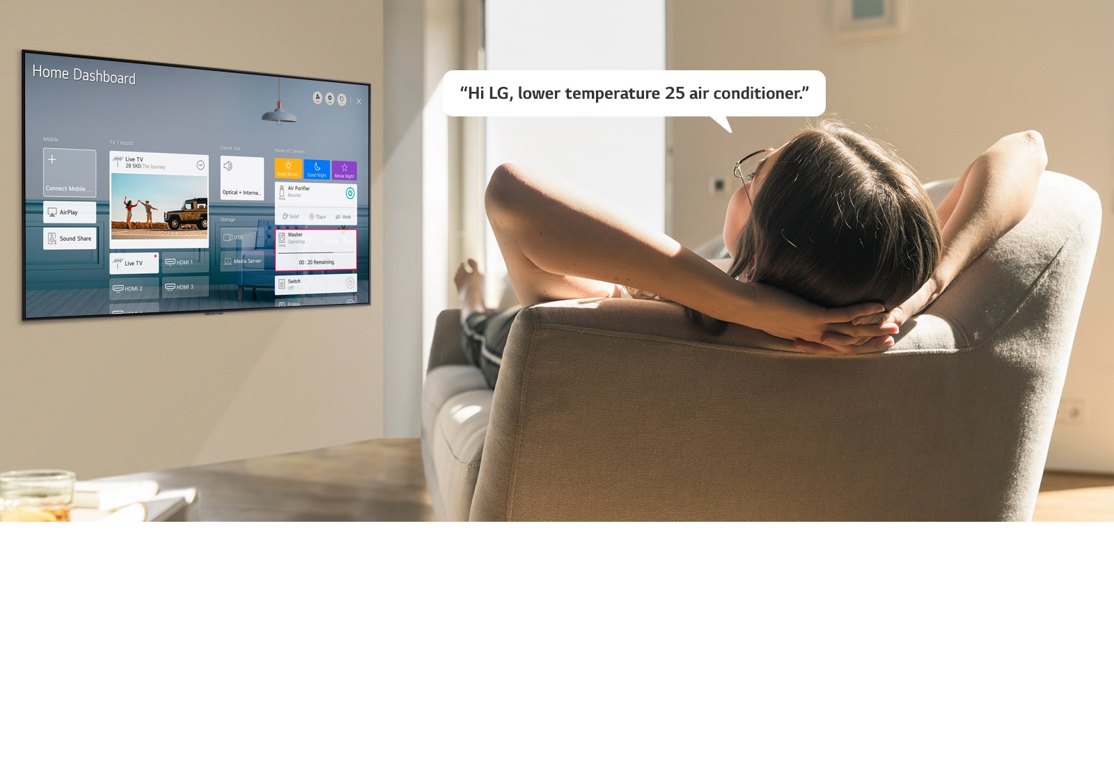 Woman lying on a sofa telling TV to lower the temperature with Home Dashboard on the TV screen