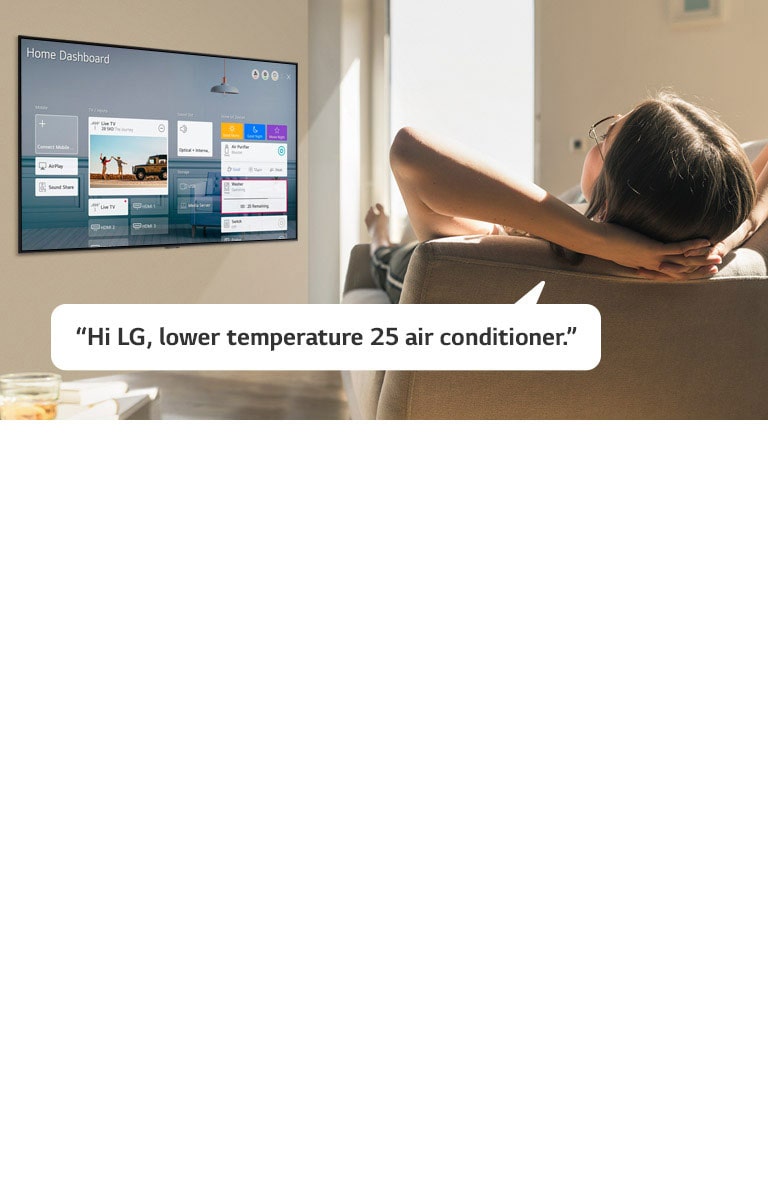 Woman lying on a sofa telling TV to lower the temperature with Home Dashboard on the TV screen