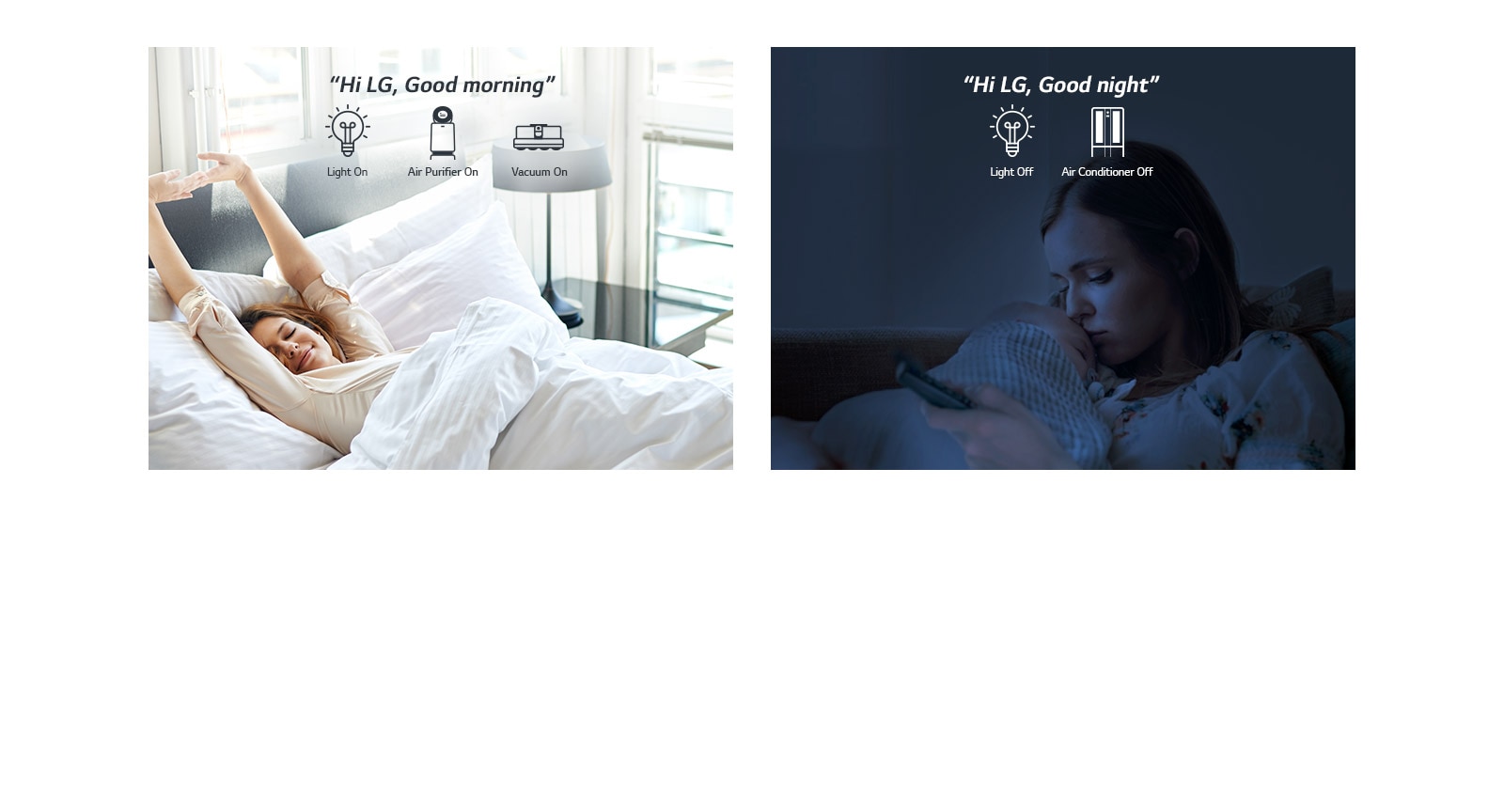 A woman in bed waking up in the morning (left) and with a baby at night (right)