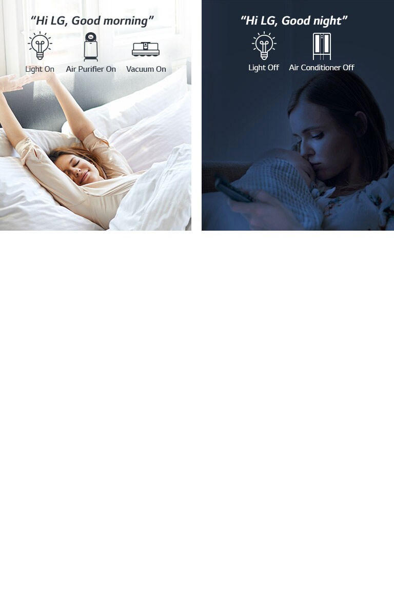 A woman in bed waking up in the morning (left) and with a baby at night (right)