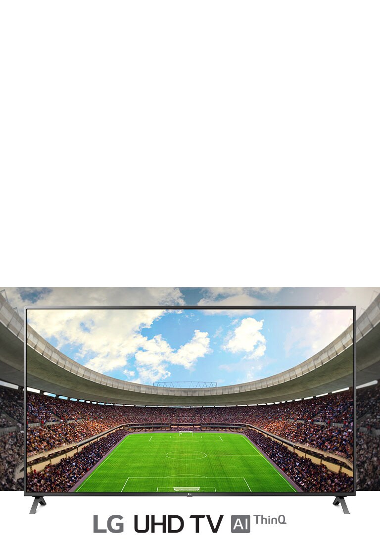 A panoramic view of the soccer stadium filled with spectators  shown inside a TV frame.