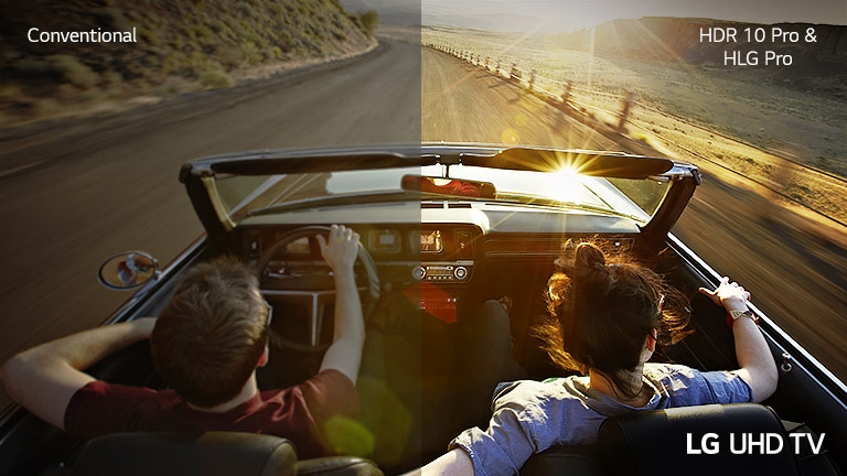 A couple in a car driving down a road. Half is shown on a conventional screen shown with poor picture quality. The other half shown with crisp, vivid  LG UHD TV picture quality.